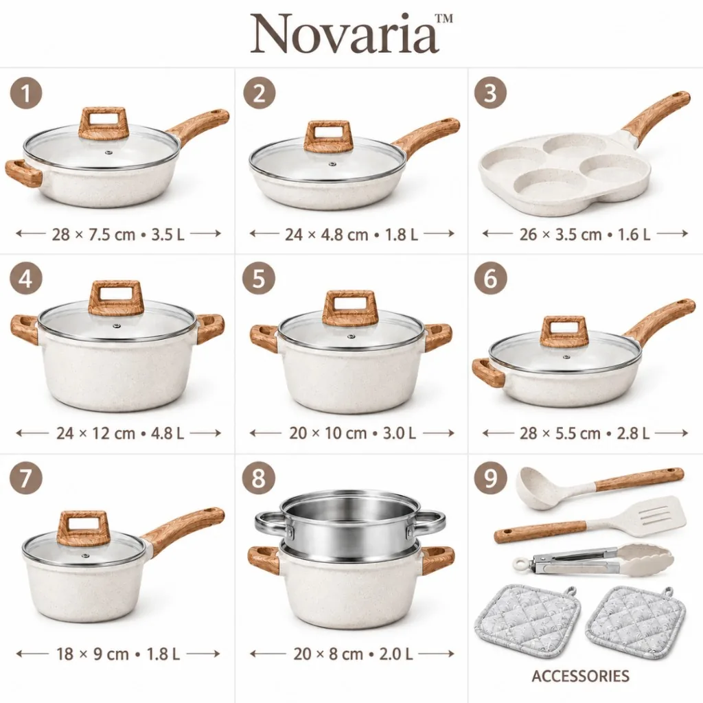 Contenuto del set Novaria: pentole, padelle, vaporiera e accessori con misure